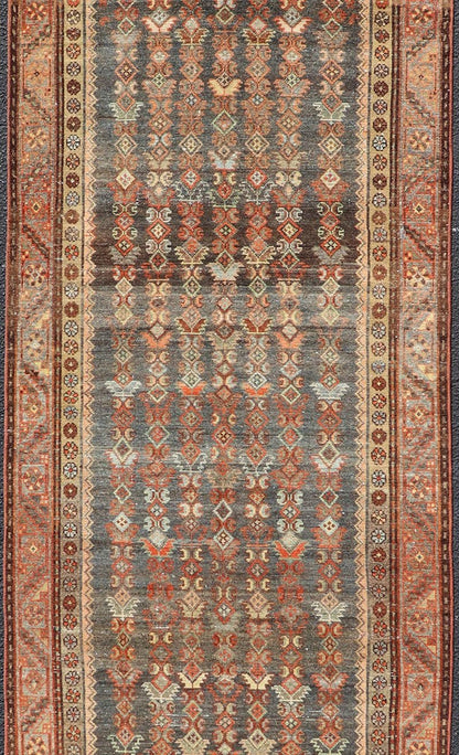 Measures: 3'3 x 10'8 Antique Persian Hamadan Runner with Sub - Geometric Tribal Motif Design. Keivan Woven Arts; rug EMB - 22198 - 15096; country of origin / type: Persian / Hamadan, circa 1920. This antique Persian Hamadan rug features a sub - geome... - Keivan Woven ArtsEMB - 22198 - 15096 - 20752Rug