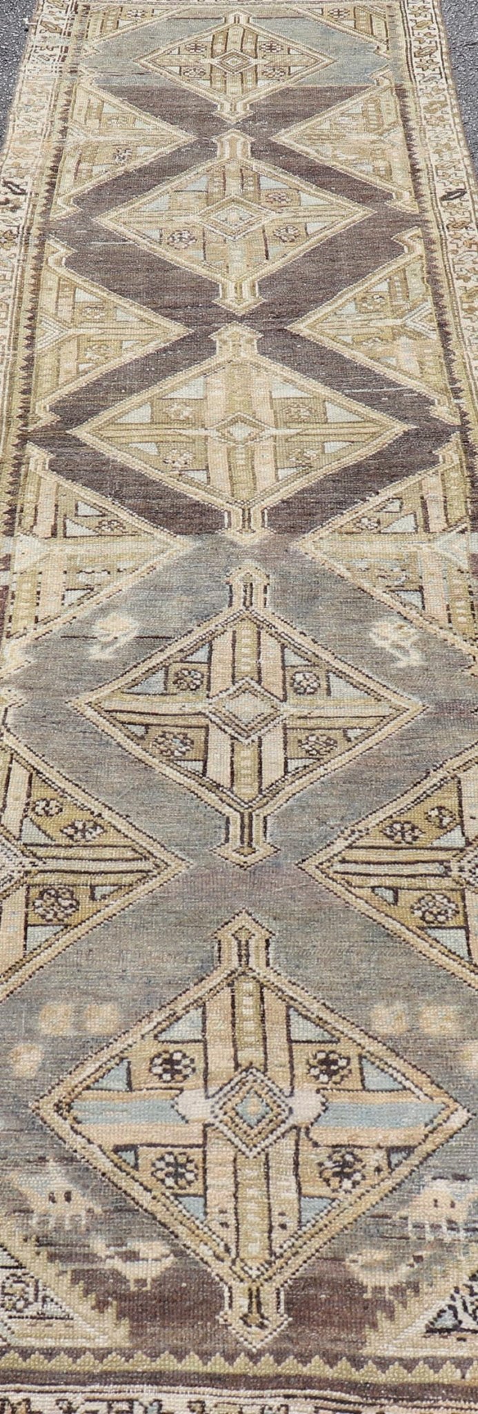 Antique Persian Kurdish Runner with Medallion in Charcoal, Blue, And Acid Green. rug EMB - 22202 - 15465, country of origin / type: Kurdish, circa 1900. Persian Kurdish runner in charcoal and gray background. Measures: 2'5 x 9'3 This antique Persian... - Keivan Woven ArtsEMB - 22202 - 15465 - 21113