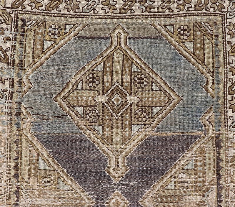 Antique Persian Kurdish Runner with Medallion in Charcoal, Blue, And Acid Green. rug EMB - 22202 - 15465, country of origin / type: Kurdish, circa 1900. Persian Kurdish runner in charcoal and gray background. Measures: 2'5 x 9'3 This antique Persian... - Keivan Woven ArtsEMB - 22202 - 15465 - 21113