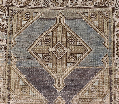Antique Persian Kurdish Runner with Medallion in Charcoal, Blue, And Acid Green. rug EMB - 22202 - 15465, country of origin / type: Kurdish, circa 1900. Persian Kurdish runner in charcoal and gray background. Measures: 2'5 x 9'3 This antique Persian... - Keivan Woven ArtsEMB - 22202 - 15465 - 21113