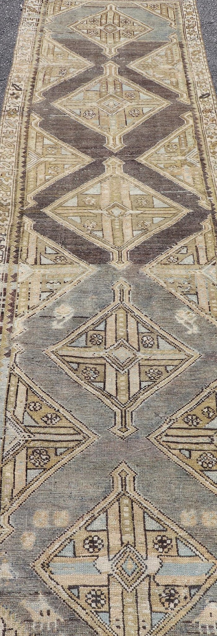 Antique Persian Kurdish Runner with Medallion in Charcoal, Blue, And Acid Green. rug EMB - 22202 - 15465, country of origin / type: Kurdish, circa 1900. Persian Kurdish runner in charcoal and gray background. Measures: 2'5 x 9'3 This antique Persian... - Keivan Woven ArtsEMB - 22202 - 15465 - 21113