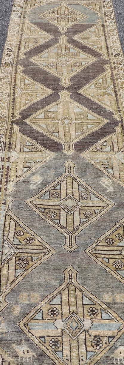 Antique Persian Kurdish Runner with Medallion in Charcoal, Blue, And Acid Green. rug EMB - 22202 - 15465, country of origin / type: Kurdish, circa 1900. Persian Kurdish runner in charcoal and gray background. Measures: 2'5 x 9'3 This antique Persian... - Keivan Woven ArtsEMB - 22202 - 15465 - 21113