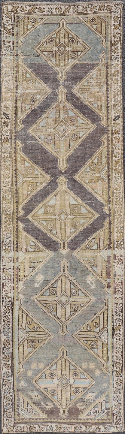 Antique Persian Kurdish Runner with Medallion in Charcoal, Blue, And Acid Green. rug EMB - 22202 - 15465, country of origin / type: Kurdish, circa 1900. Persian Kurdish runner in charcoal and gray background. Measures: 2'5 x 9'3 This antique Persian... - Keivan Woven ArtsEMB - 22202 - 15465 - 21113