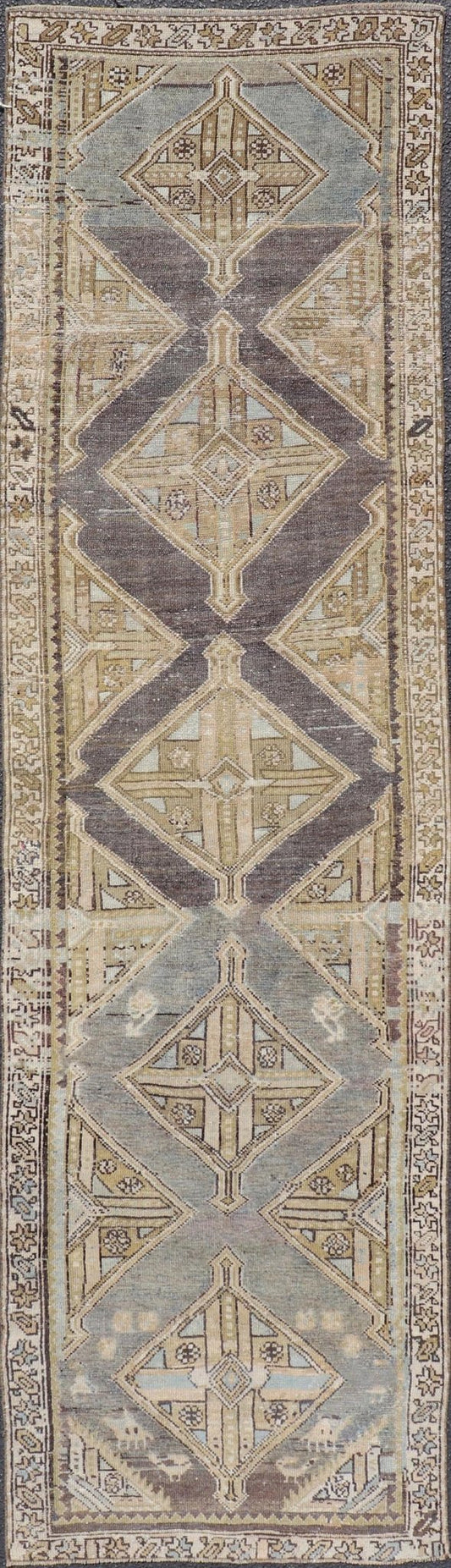 Antique Persian Kurdish Runner with Medallion in Charcoal, Blue, And Acid Green. rug EMB - 22202 - 15465, country of origin / type: Kurdish, circa 1900. Persian Kurdish runner in charcoal and gray background. Measures: 2'5 x 9'3 This antique Persian... - Keivan Woven ArtsEMB - 22202 - 15465 - 21113