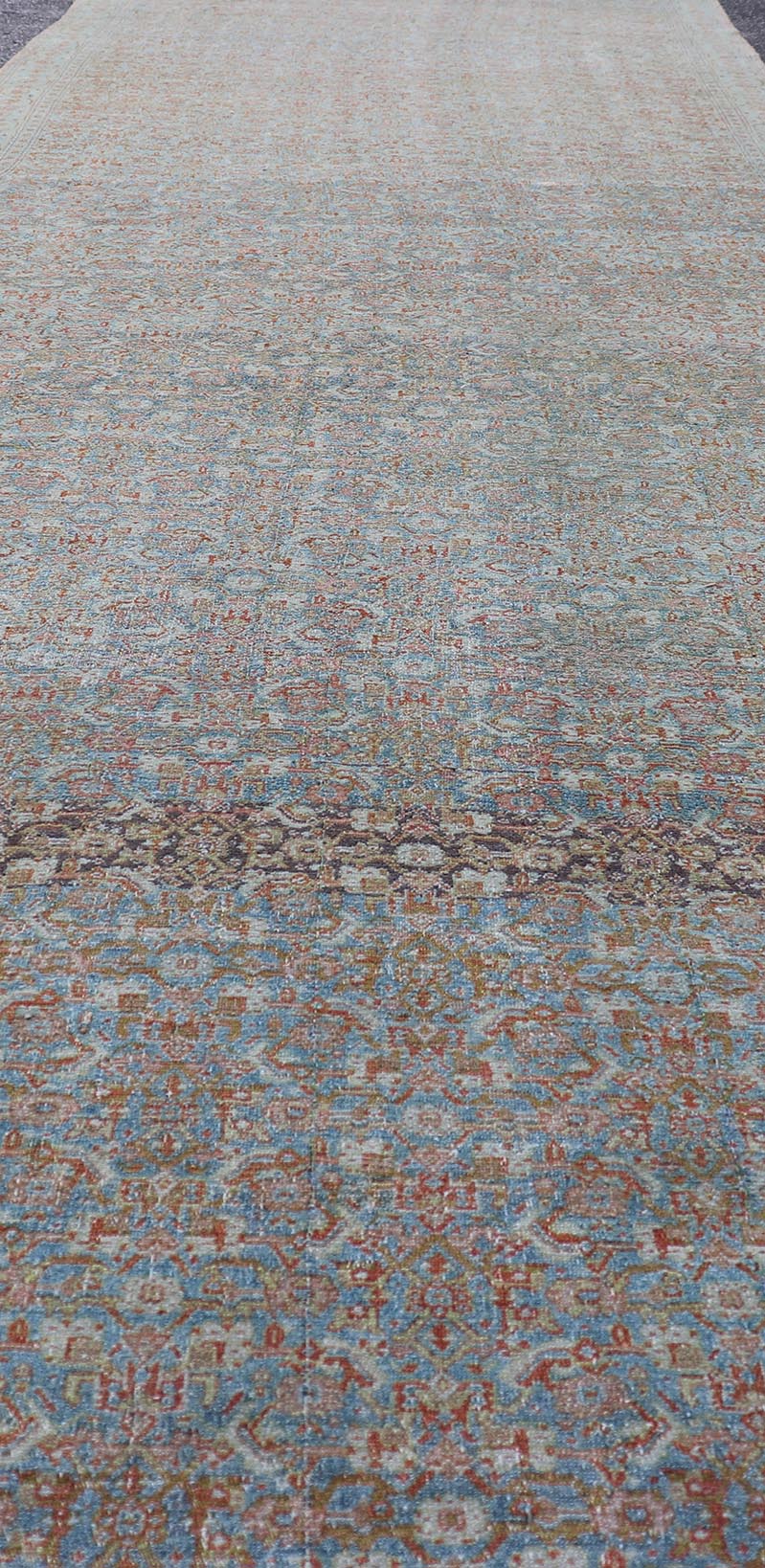 Antique Persian Gallery Senneh Runner with All - Over Herati Design in Light Blue, light green yellow. Antique Persian Gallery runner Persian Senneh in Wool with All - Over Design in light blue, yellow green , red, ivory and Muted tones. Keivan Woven Arts/... - Keivan Woven ArtsEMB - 22203 - 15456 - 21119Rug