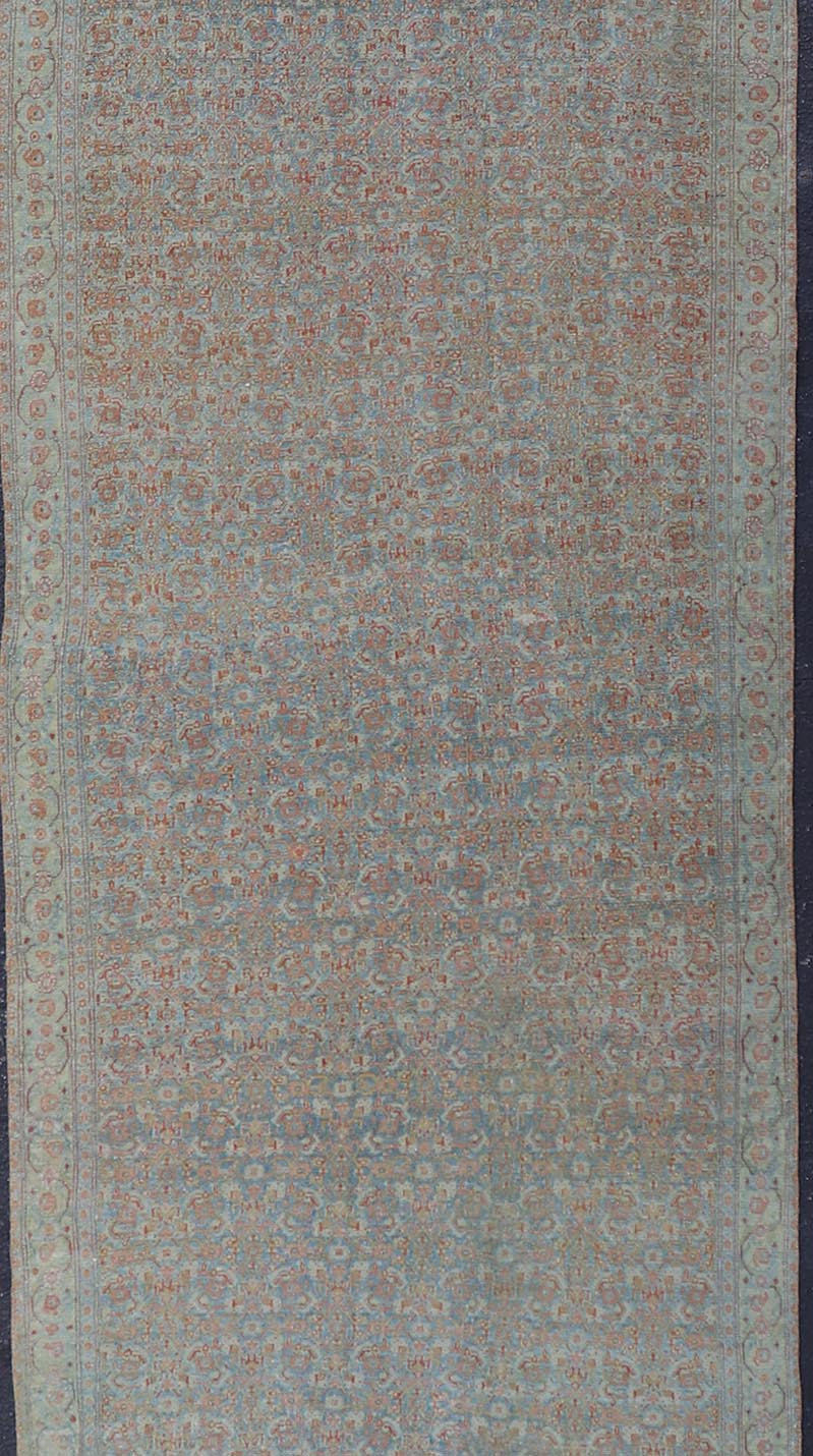 Antique Persian Gallery Senneh Runner with All - Over Herati Design in Light Blue, light green yellow. Antique Persian Gallery runner Persian Senneh in Wool with All - Over Design in light blue, yellow green , red, ivory and Muted tones. Keivan Woven Arts/... - Keivan Woven ArtsEMB - 22203 - 15456 - 21119Rug
