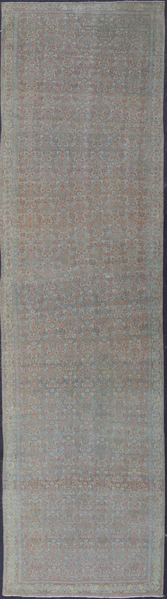 Antique Persian Gallery Senneh Runner with All - Over Herati Design in Light Blue, light green yellow. Antique Persian Gallery runner Persian Senneh in Wool with All - Over Design in light blue, yellow green , red, ivory and Muted tones. Keivan Woven Arts/... - Keivan Woven ArtsEMB - 22203 - 15456 - 21119Rug