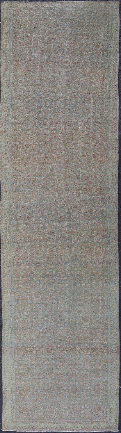 Antique Persian Gallery Senneh Runner with All - Over Herati Design in Light Blue, light green yellow. Antique Persian Gallery runner Persian Senneh in Wool with All - Over Design in light blue, yellow green , red, ivory and Muted tones. Keivan Woven Arts/... - Keivan Woven ArtsEMB - 22203 - 15456 - 21119Rug
