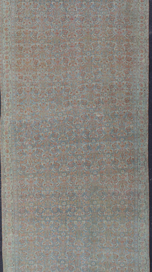 Antique Persian Gallery Senneh Runner with All - Over Herati Design in Light Blue, light green yellow. Antique Persian Gallery runner Persian Senneh in Wool with All - Over Design in light blue, yellow green , red, ivory and Muted tones. Keivan Woven Arts/... - Keivan Woven ArtsEMB - 22203 - 15456 - 21119