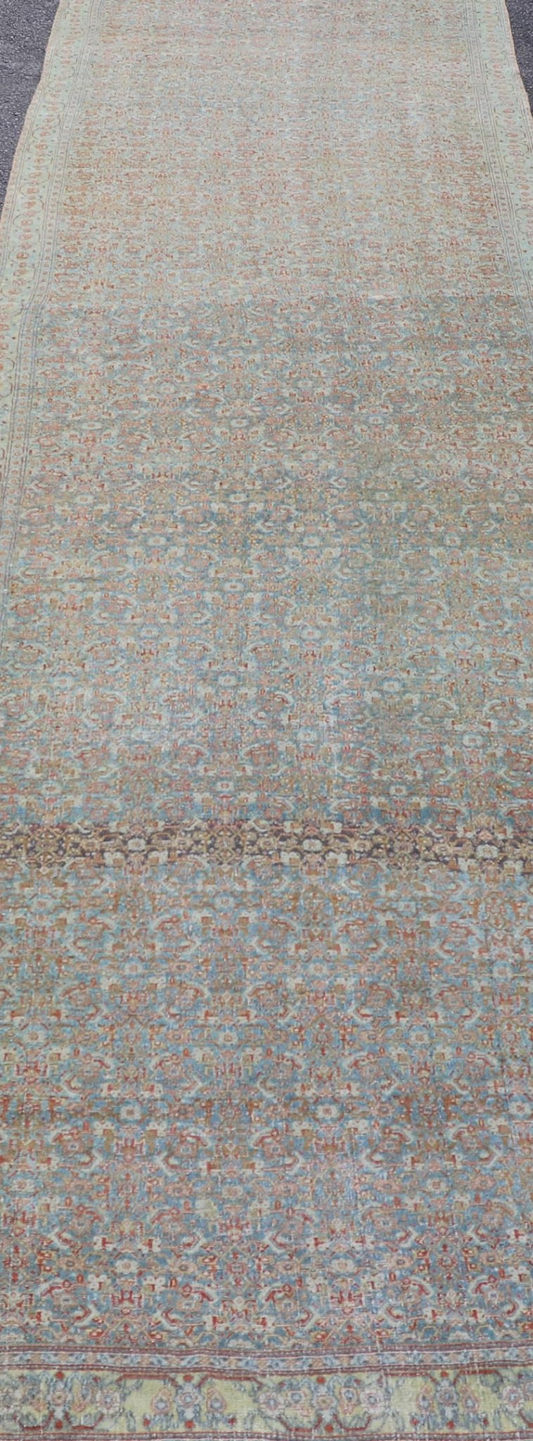 Antique Persian Gallery Senneh Runner with All - Over Herati Design in Light Blue, light green yellow. Antique Persian Gallery runner Persian Senneh in Wool with All - Over Design in light blue, yellow green , red, ivory and Muted tones. Keivan Woven Arts/... - Keivan Woven ArtsEMB - 22203 - 15456 - 21119Rug