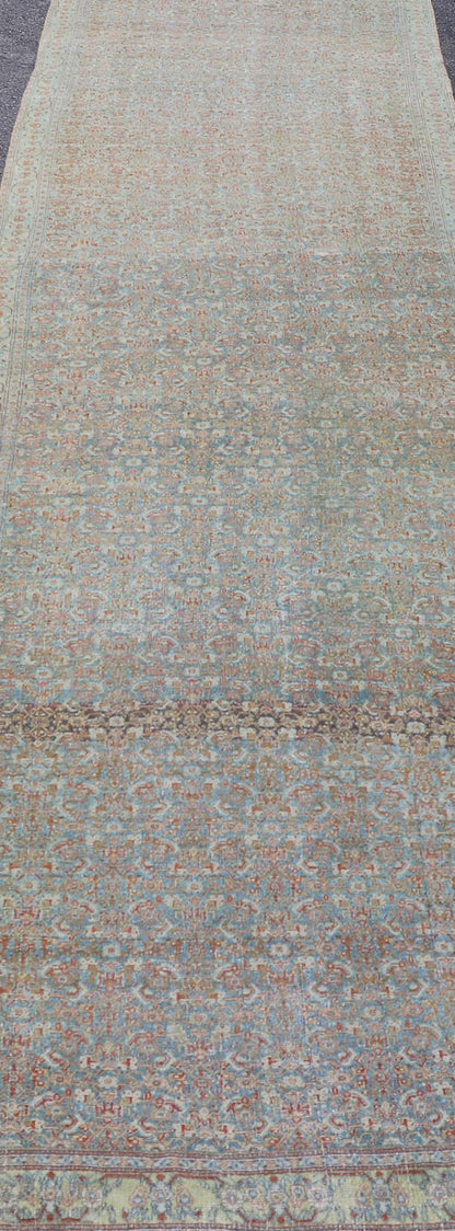 Antique Persian Gallery Senneh Runner with All - Over Herati Design in Light Blue, light green yellow. Antique Persian Gallery runner Persian Senneh in Wool with All - Over Design in light blue, yellow green , red, ivory and Muted tones. Keivan Woven Arts/... - Keivan Woven ArtsEMB - 22203 - 15456 - 21119Rug