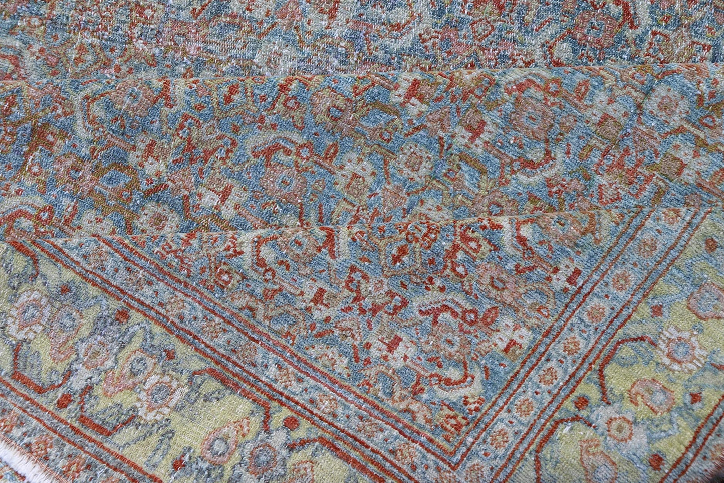 Antique Persian Gallery Senneh Runner with All - Over Herati Design in Light Blue, light green yellow. Antique Persian Gallery runner Persian Senneh in Wool with All - Over Design in light blue, yellow green , red, ivory and Muted tones. Keivan Woven Arts/... - Keivan Woven ArtsEMB - 22203 - 15456 - 21119Rug