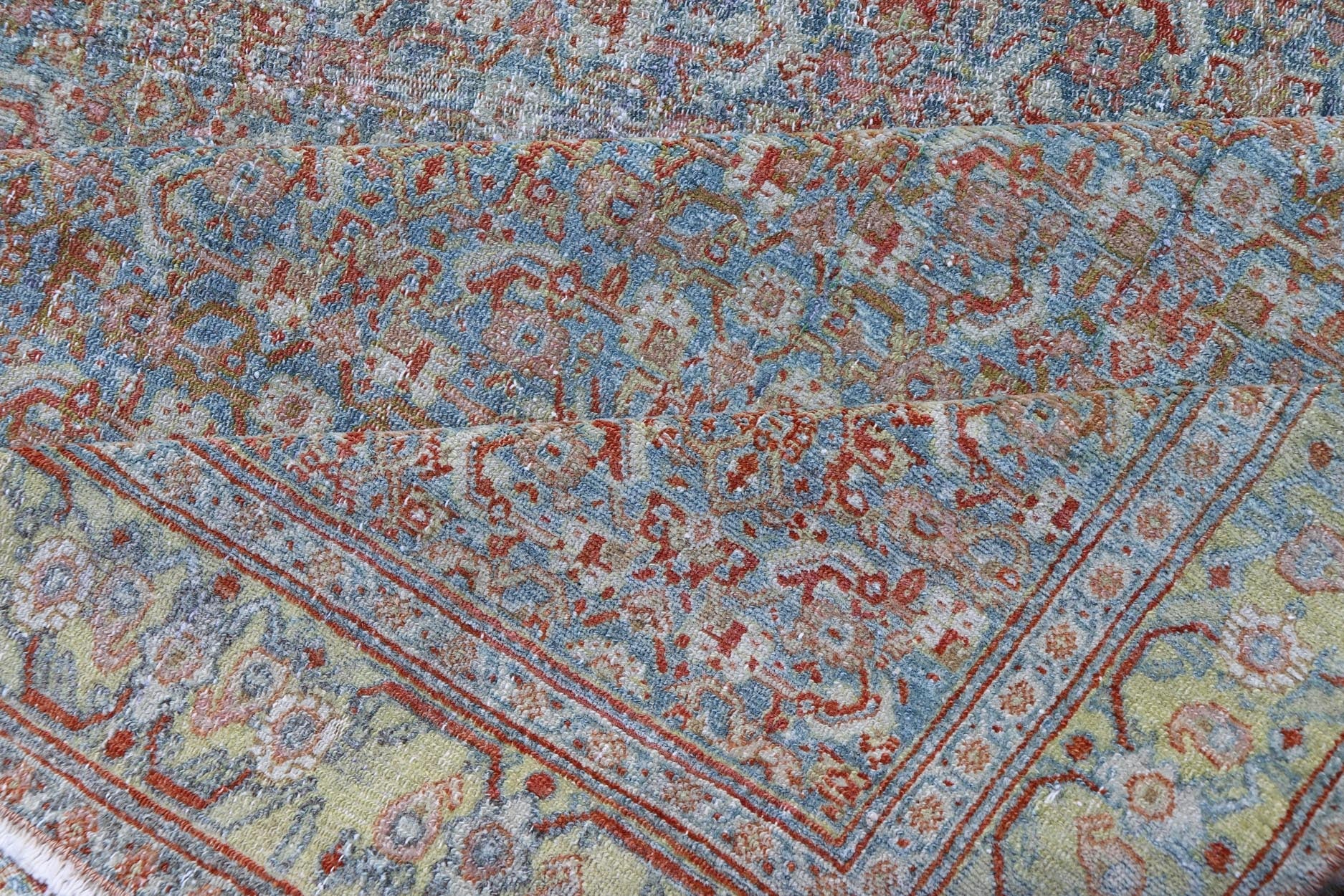 Antique Persian Gallery Senneh Runner with All - Over Herati Design in Light Blue, light green yellow. Antique Persian Gallery runner Persian Senneh in Wool with All - Over Design in light blue, yellow green , red, ivory and Muted tones. Keivan Woven Arts/... - Keivan Woven ArtsEMB - 22203 - 15456 - 21119Rug
