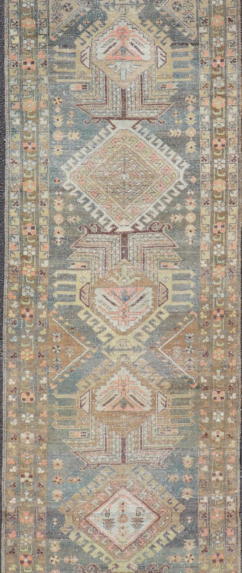 Heriz Antique Persian Rug with Geometric Medallions in Steal Blue, Brown & Peach. Keivan Woven Arts / rug EMB - 22204 - 15460, country of origin / type: Iran / Heriz Serapi, circa 1900 Measures: 3'1 x 13'10 This magnificent Heriz runner woven in the... - Keivan Woven ArtsEMB - 22204 - 15460 - 21125