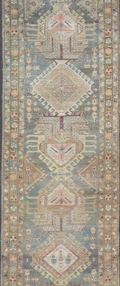 Heriz Antique Persian Rug with Geometric Medallions in Steal Blue, Brown & Peach. Keivan Woven Arts / rug EMB - 22204 - 15460, country of origin / type: Iran / Heriz Serapi, circa 1900 Measures: 3'1 x 13'10 This magnificent Heriz runner woven in the... - Keivan Woven ArtsEMB - 22204 - 15460 - 21125