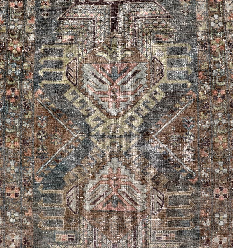 Heriz Antique Persian Rug with Geometric Medallions in Steal Blue, Brown & Peach. Keivan Woven Arts / rug EMB - 22204 - 15460, country of origin / type: Iran / Heriz Serapi, circa 1900 Measures: 3'1 x 13'10 This magnificent Heriz runner woven in the... - Keivan Woven ArtsEMB - 22204 - 15460 - 21125