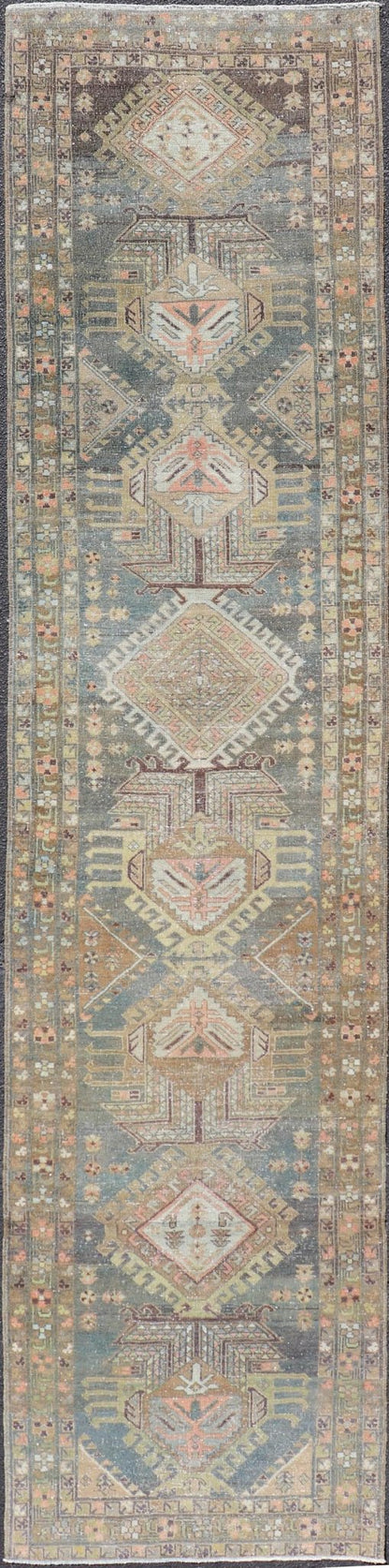 Heriz Antique Persian Rug with Geometric Medallions in Steal Blue, Brown & Peach. Keivan Woven Arts / rug EMB - 22204 - 15460, country of origin / type: Iran / Heriz Serapi, circa 1900 Measures: 3'1 x 13'10 This magnificent Heriz runner woven in the... - Keivan Woven ArtsEMB - 22204 - 15460 - 21125