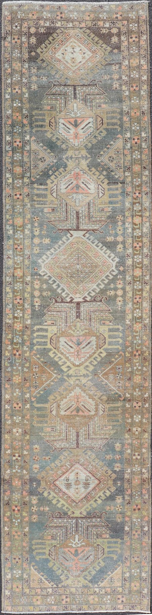 Heriz Antique Persian Rug with Geometric Medallions in Steal Blue, Brown & Peach. Keivan Woven Arts / rug EMB - 22204 - 15460, country of origin / type: Iran / Heriz Serapi, circa 1900 Measures: 3'1 x 13'10 This magnificent Heriz runner woven in the... - Keivan Woven ArtsEMB - 22204 - 15460 - 21125
