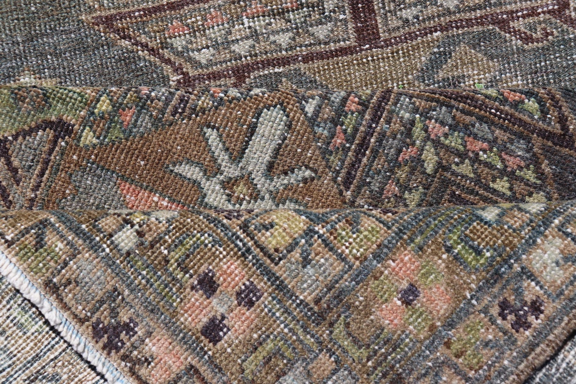 Heriz Antique Persian Rug with Geometric Medallions in Steal Blue, Brown & Peach. Keivan Woven Arts / rug EMB - 22204 - 15460, country of origin / type: Iran / Heriz Serapi, circa 1900 Measures: 3'1 x 13'10 This magnificent Heriz runner woven in the... - Keivan Woven ArtsEMB - 22204 - 15460 - 21125