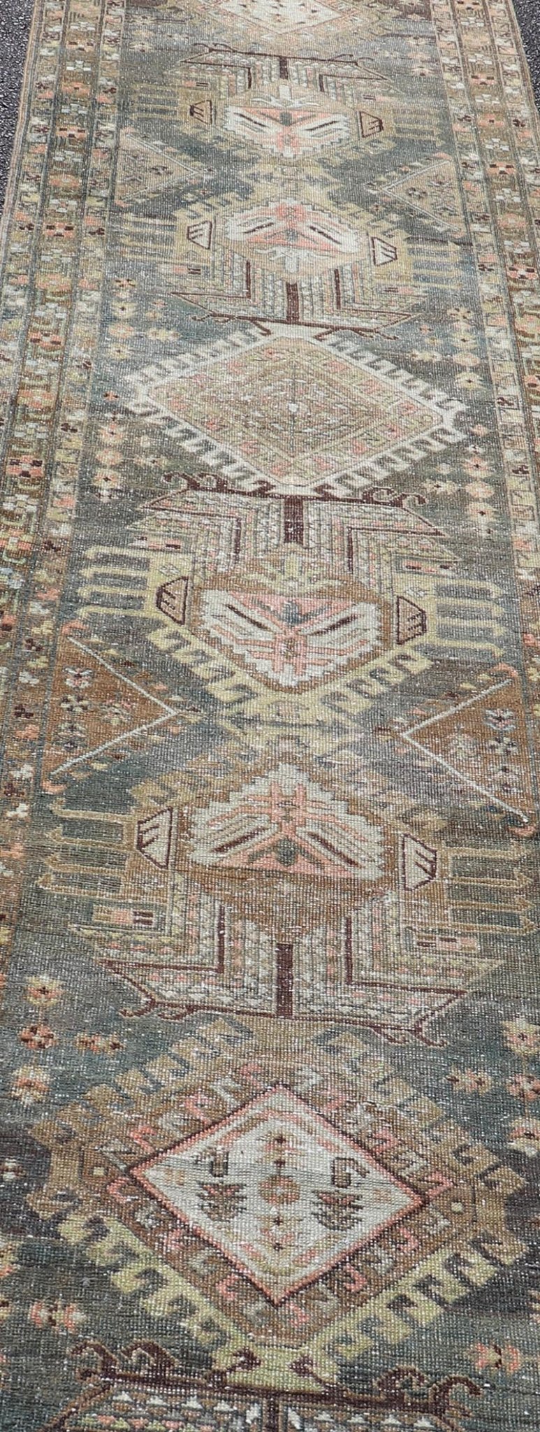 Heriz Antique Persian Rug with Geometric Medallions in Steal Blue, Brown & Peach. Keivan Woven Arts / rug EMB - 22204 - 15460, country of origin / type: Iran / Heriz Serapi, circa 1900 Measures: 3'1 x 13'10 This magnificent Heriz runner woven in the... - Keivan Woven ArtsEMB - 22204 - 15460 - 21125
