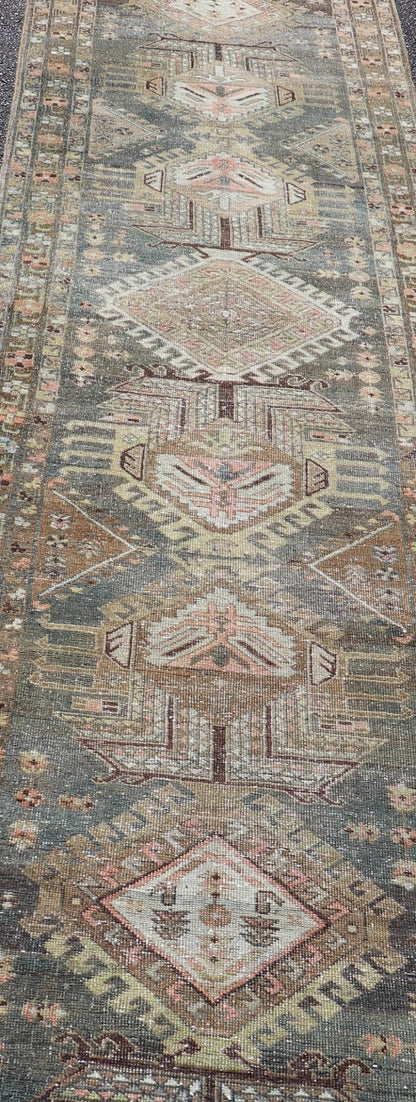 Heriz Antique Persian Rug with Geometric Medallions in Steal Blue, Brown & Peach. Keivan Woven Arts / rug EMB - 22204 - 15460, country of origin / type: Iran / Heriz Serapi, circa 1900 Measures: 3'1 x 13'10 This magnificent Heriz runner woven in the... - Keivan Woven ArtsEMB - 22204 - 15460 - 21125