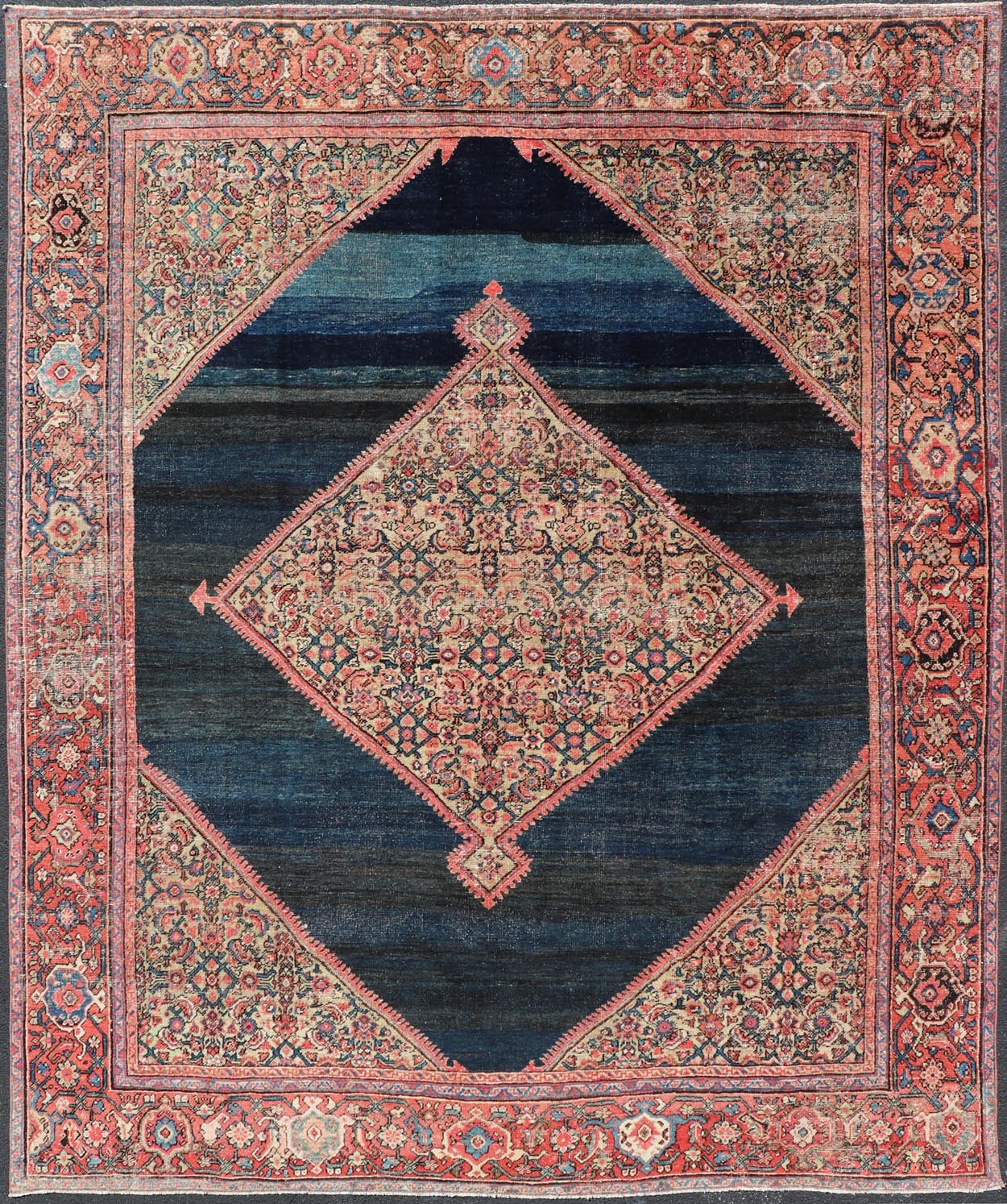 Antique Persian Sultanabad Rug With Medallion and Navy Blue Field. Country of Origin: Iran; Type: Sultanabad; Design: Floral, Floral Medallion, All - Over; Keivan Woven Arts: rug EMB - 22206 - 15091; Persian rug, Antique Persian Rug, Antique Persian Sultanab... - Keivan Woven ArtsEMB - 22206 - 15091 - 20728Rug