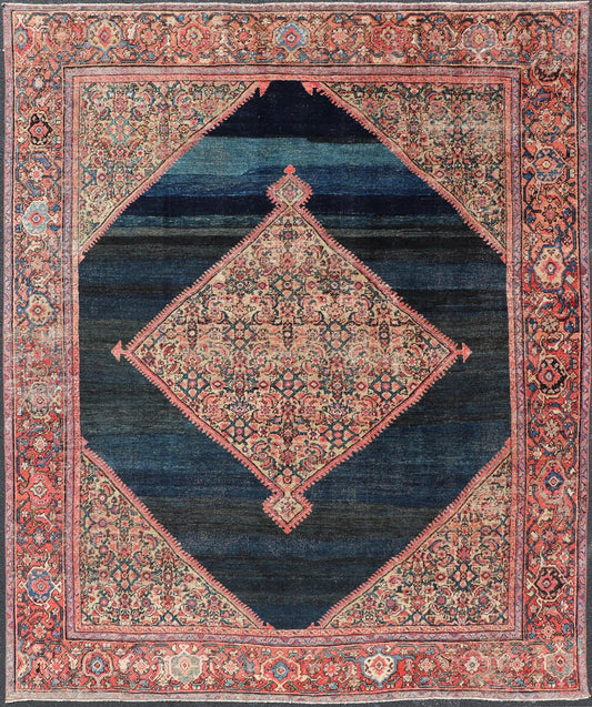 Antique Persian Sultanabad Rug With Medallion and Navy Blue Field. Country of Origin: Iran; Type: Sultanabad; Design: Floral, Floral Medallion, All - Over; Keivan Woven Arts: rug EMB - 22206 - 15091; Persian rug, Antique Persian Rug, Antique Persian Sultanab... - Keivan Woven ArtsEMB - 22206 - 15091 - 20728