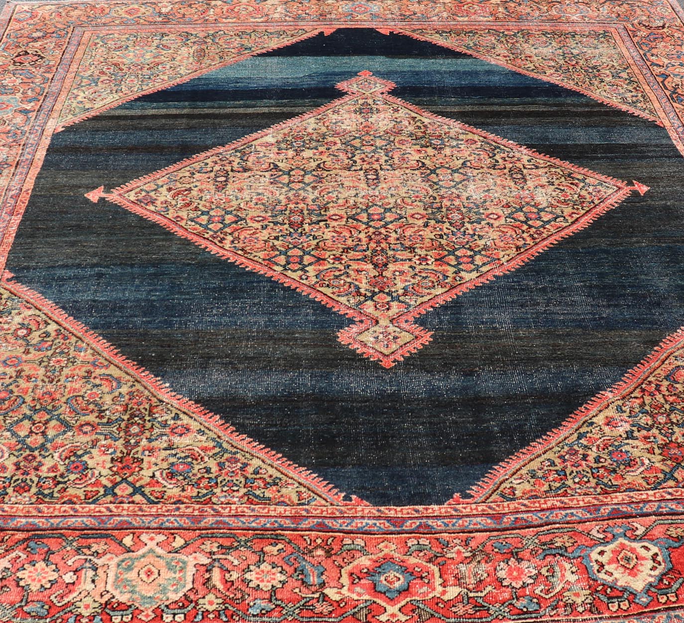 Antique Persian Sultanabad Rug With Medallion and Navy Blue Field. Country of Origin: Iran; Type: Sultanabad; Design: Floral, Floral Medallion, All - Over; Keivan Woven Arts: rug EMB - 22206 - 15091; Persian rug, Antique Persian Rug, Antique Persian Sultanab... - Keivan Woven ArtsEMB - 22206 - 15091 - 20728Rug