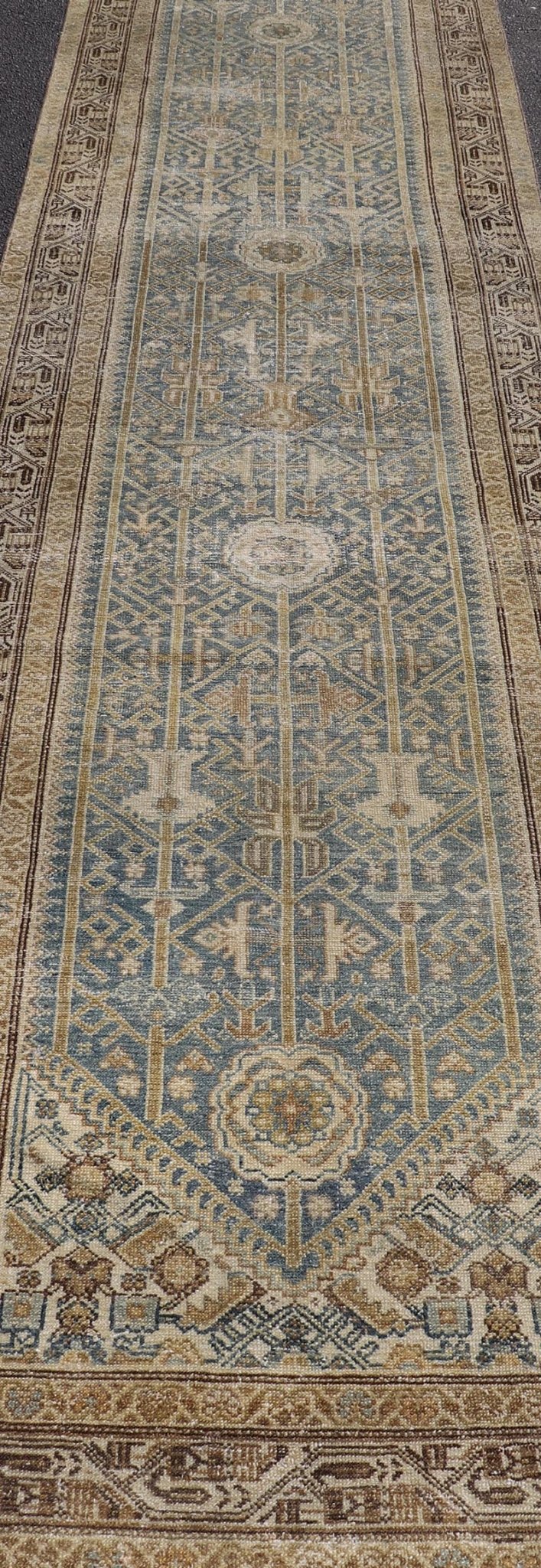 Long Antique Persian Malayer Runner in Gray, Blue, Green with All - Over Design. Keivan Woven Arts / rug EMB - 22207 - 15090, country of origin / type: Iran / Malayer, circa 1910. Measures: 3'3 x 17'0 This antique Malayer runner from 1910s Persia feat... - Keivan Woven ArtsEMB - 22207 - 15090 - 20722