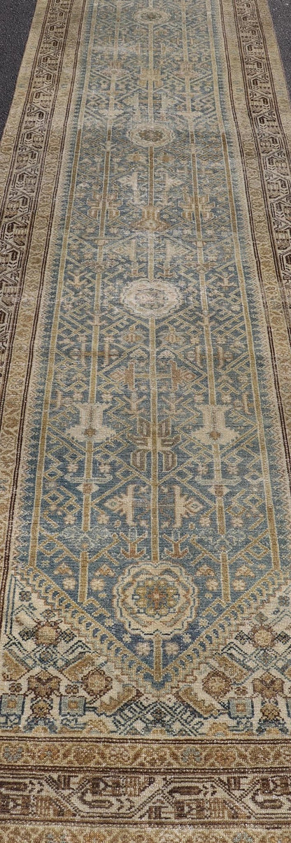 Long Antique Persian Malayer Runner in Gray, Blue, Green with All - Over Design. Keivan Woven Arts / rug EMB - 22207 - 15090, country of origin / type: Iran / Malayer, circa 1910. Measures: 3'3 x 17'0 This antique Malayer runner from 1910s Persia feat... - Keivan Woven ArtsEMB - 22207 - 15090 - 20722