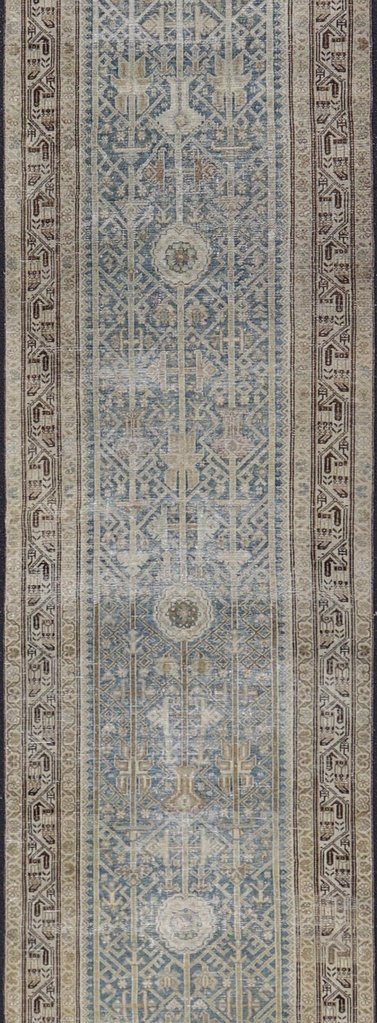 Long Antique Persian Malayer Runner in Gray, Blue, Green with All - Over Design. Keivan Woven Arts / rug EMB - 22207 - 15090, country of origin / type: Iran / Malayer, circa 1910. Measures: 3'3 x 17'0 This antique Malayer runner from 1910s Persia feat... - Keivan Woven ArtsEMB - 22207 - 15090 - 20722