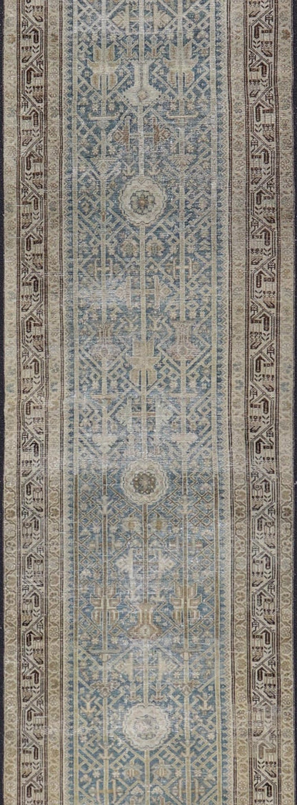 Long Antique Persian Malayer Runner in Gray, Blue, Green with All - Over Design. Keivan Woven Arts / rug EMB - 22207 - 15090, country of origin / type: Iran / Malayer, circa 1910. Measures: 3'3 x 17'0 This antique Malayer runner from 1910s Persia feat... - Keivan Woven ArtsEMB - 22207 - 15090 - 20722