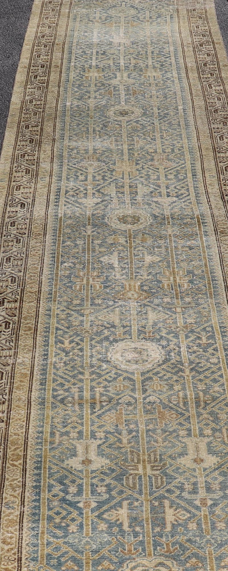 Long Antique Persian Malayer Runner in Gray, Blue, Green with All - Over Design. Keivan Woven Arts / rug EMB - 22207 - 15090, country of origin / type: Iran / Malayer, circa 1910. Measures: 3'3 x 17'0 This antique Malayer runner from 1910s Persia feat... - Keivan Woven ArtsEMB - 22207 - 15090 - 20722