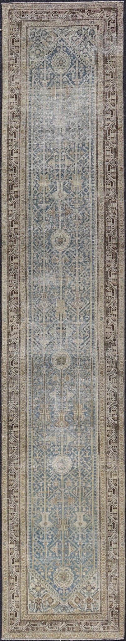 Long Antique Persian Malayer Runner in Gray, Blue, Green with All - Over Design. Keivan Woven Arts / rug EMB - 22207 - 15090, country of origin / type: Iran / Malayer, circa 1910. Measures: 3'3 x 17'0 This antique Malayer runner from 1910s Persia feat... - Keivan Woven ArtsEMB - 22207 - 15090 - 20722