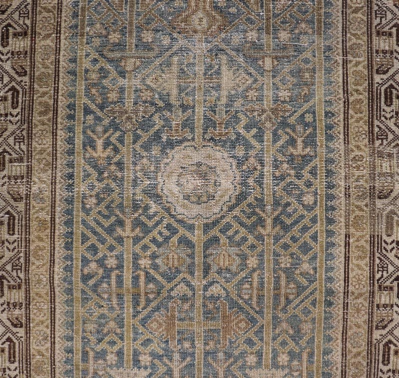 Long Antique Persian Malayer Runner in Gray, Blue, Green with All - Over Design. Keivan Woven Arts / rug EMB - 22207 - 15090, country of origin / type: Iran / Malayer, circa 1910. Measures: 3'3 x 17'0 This antique Malayer runner from 1910s Persia feat... - Keivan Woven ArtsEMB - 22207 - 15090 - 20722