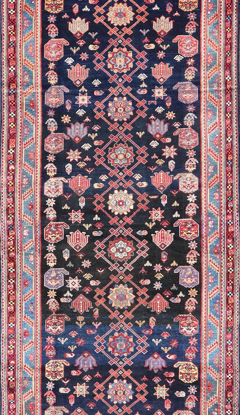 Measures: 4'3 x 16'4 Antique Persian Malayer Gallery Runner in Blue Background with Multi Colors. Country of origin: Iran; Type: Malayer; Design: All - Over, Keivan Woven Arts: rug EMB - 22208 - 15088; antique Persian Gallery Hamadan This 1930's ... - Keivan Woven ArtsEMB - 22208 - 15088 - 20710Rug
