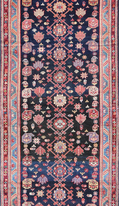 Measures: 4'3 x 16'4 Antique Persian Malayer Gallery Runner in Blue Background with Multi Colors. Country of origin: Iran; Type: Malayer; Design: All - Over, Keivan Woven Arts: rug EMB - 22208 - 15088; antique Persian Gallery Hamadan This 1930's ... - Keivan Woven ArtsEMB - 22208 - 15088 - 20710Rug