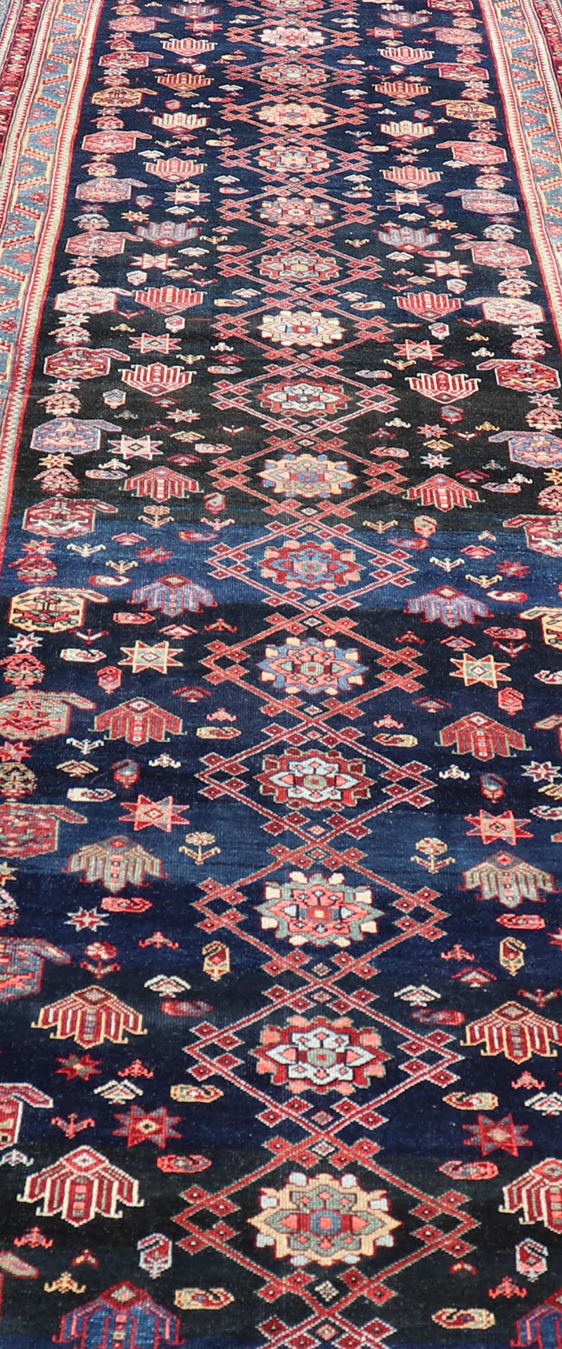Measures: 4'3 x 16'4 Antique Persian Malayer Gallery Runner in Blue Background with Multi Colors. Country of origin: Iran; Type: Malayer; Design: All - Over, Keivan Woven Arts: rug EMB - 22208 - 15088; antique Persian Gallery Hamadan This 1930's ... - Keivan Woven ArtsEMB - 22208 - 15088 - 20710Rug