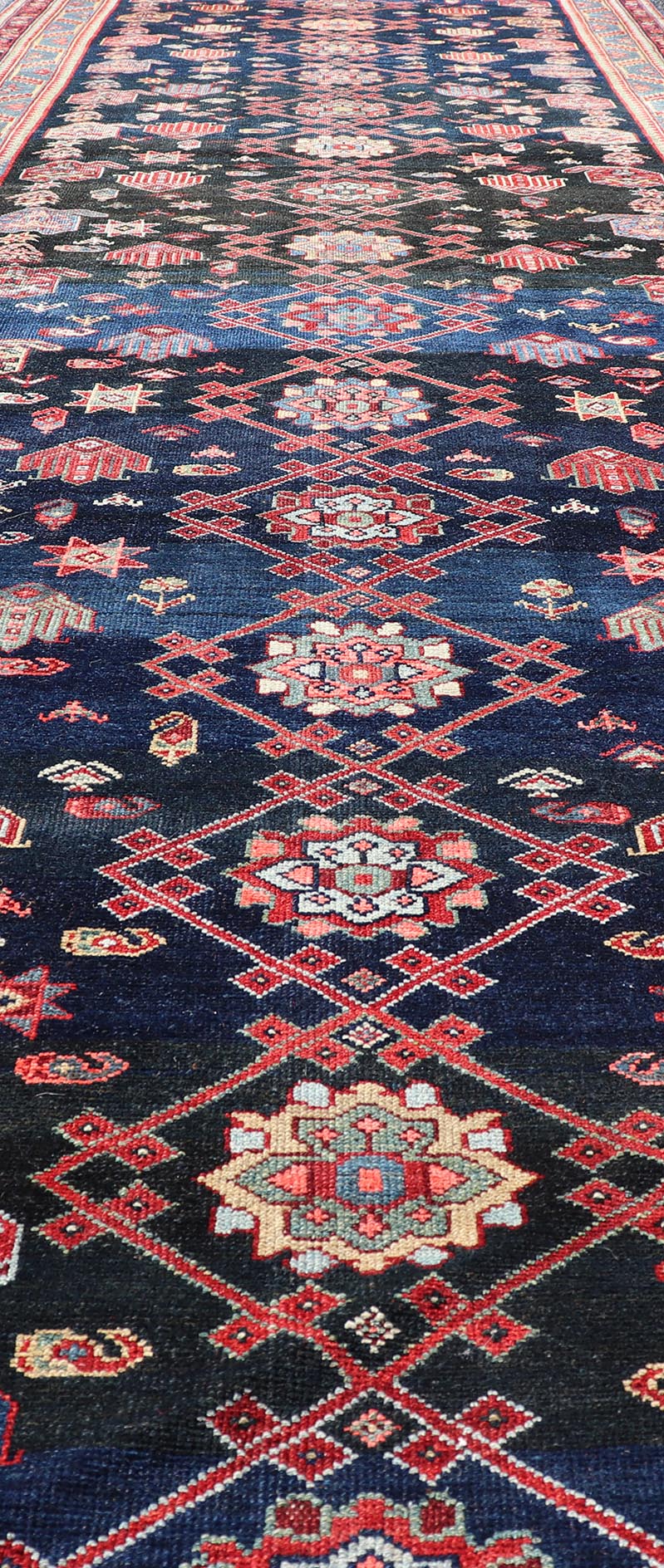 Measures: 4'3 x 16'4 Antique Persian Malayer Gallery Runner in Blue Background with Multi Colors. Country of origin: Iran; Type: Malayer; Design: All - Over, Keivan Woven Arts: rug EMB - 22208 - 15088; antique Persian Gallery Hamadan This 1930's ... - Keivan Woven ArtsEMB - 22208 - 15088 - 20710Rug
