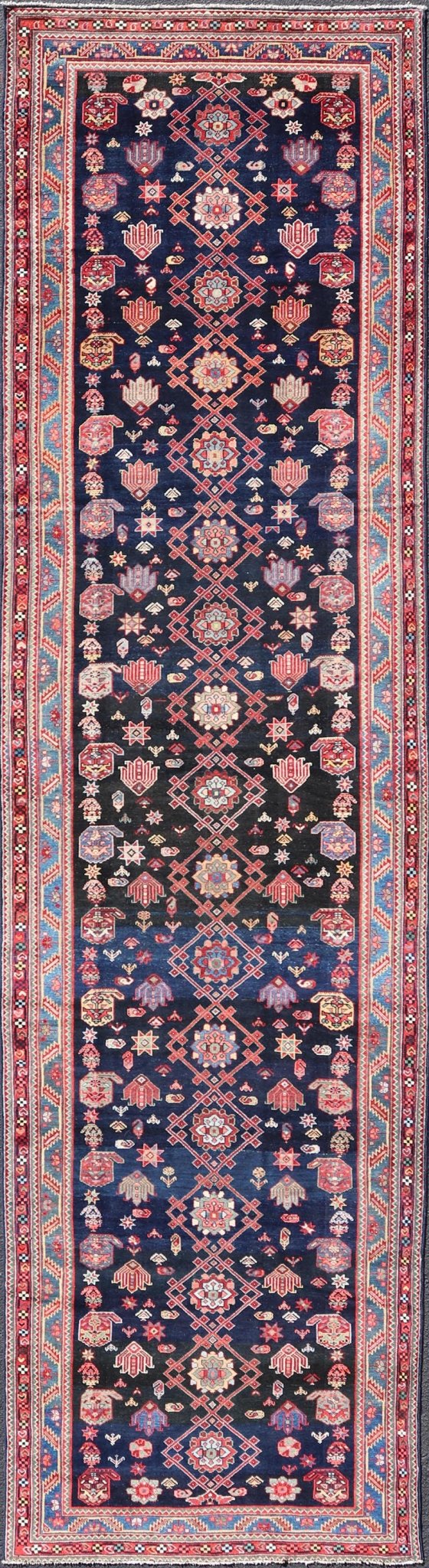 Measures: 4'3 x 16'4 Antique Persian Malayer Gallery Runner in Blue Background with Multi Colors. Country of origin: Iran; Type: Malayer; Design: All - Over, Keivan Woven Arts: rug EMB - 22208 - 15088; antique Persian Gallery Hamadan This 1930's ... - Keivan Woven ArtsEMB - 22208 - 15088 - 20710Rug