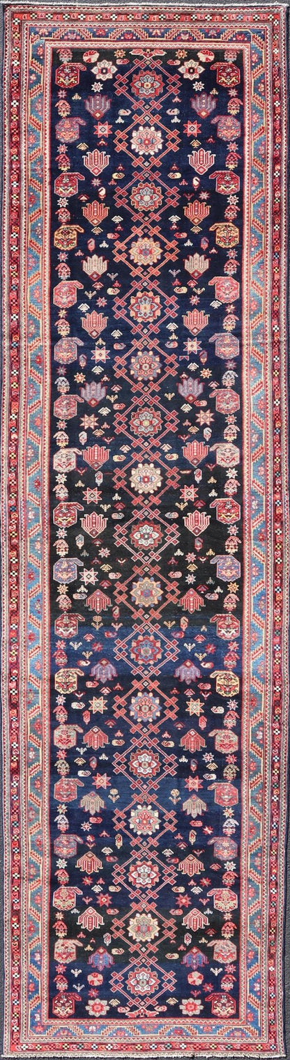Measures: 4'3 x 16'4 Antique Persian Malayer Gallery Runner in Blue Background with Multi Colors. Country of origin: Iran; Type: Malayer; Design: All - Over, Keivan Woven Arts: rug EMB - 22208 - 15088; antique Persian Gallery Hamadan This 1930's ... - Keivan Woven ArtsEMB - 22208 - 15088 - 20710Rug