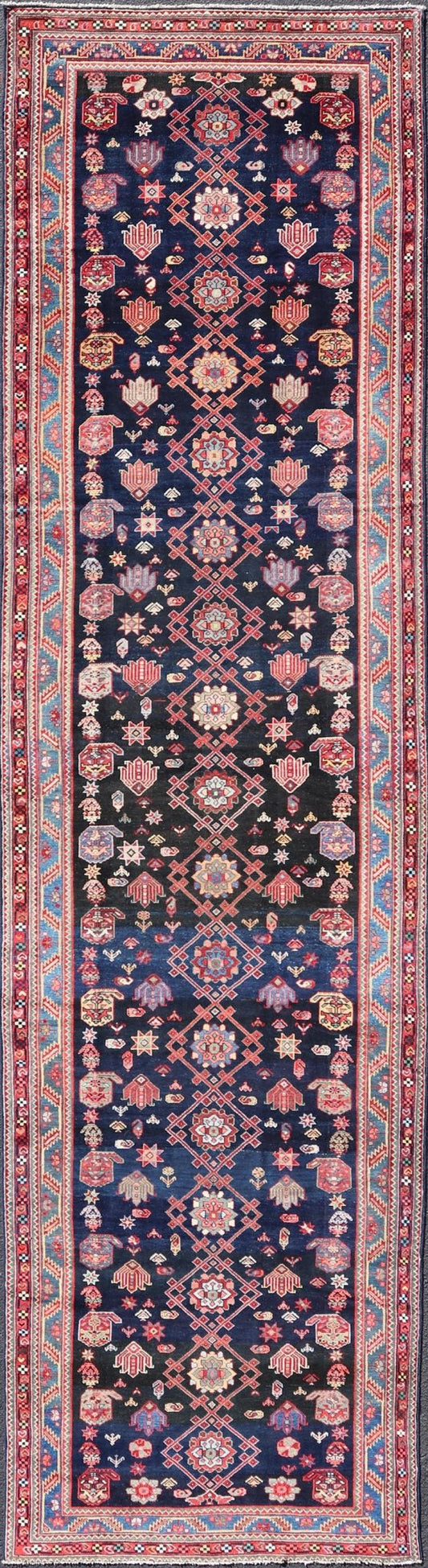 Measures: 4'3 x 16'4 Antique Persian Malayer Gallery Runner in Blue Background with Multi Colors. Country of origin: Iran; Type: Malayer; Design: All - Over, Keivan Woven Arts: rug EMB - 22208 - 15088; antique Persian Gallery Hamadan This 1930's ... - Keivan Woven ArtsEMB - 22208 - 15088 - 20710
