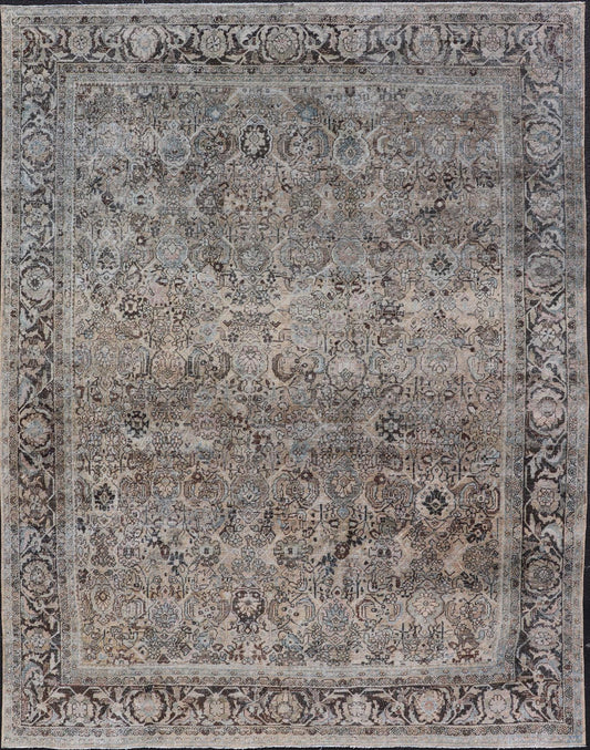 Measures: 9'0 x 12'0 Antique Persian Mahal Rug with Sub - Geometric Design With All - Over Floral. Country of origin: Iran; Type: Sultanabad - Mahal; Design: Diamond Medallion, Floral Medallion; Keivan Woven Arts: Rug / EMB - 22212 - 15087. This anti... - Keivan Woven ArtsEMB - 22212 - 15087 - 20704