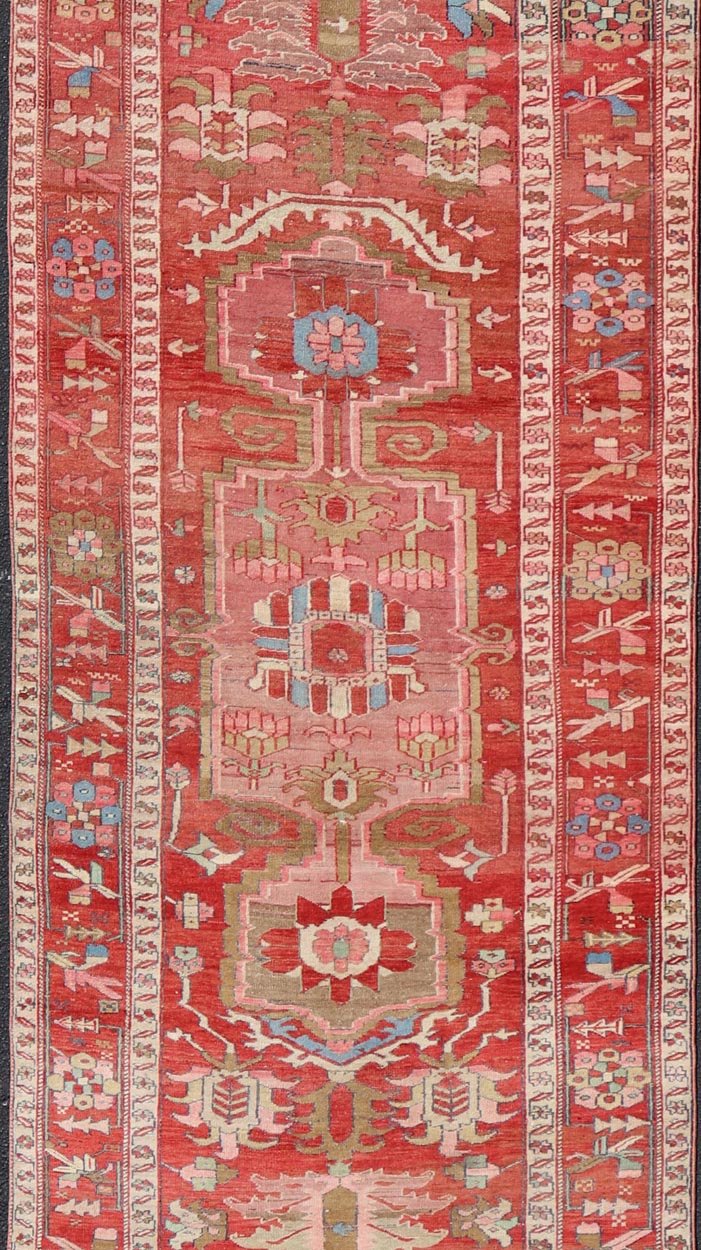 Antique Persian Long Persian Serapi Gallery Runner in Wool with Medallion Design. Keivan Woven Arts; rug EMB - 22214 - 15457, country of origin / type: Iran / Serapi, circa 1900. Measures: 4'9 x 16'9 This antique Persian Serapi rug was hand - knotted ... - Keivan Woven ArtsEMB - 22214 - 15457 - 21137