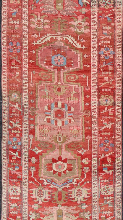 Antique Persian Long Persian Serapi Gallery Runner in Wool with Medallion Design. Keivan Woven Arts; rug EMB - 22214 - 15457, country of origin / type: Iran / Serapi, circa 1900. Measures: 4'9 x 16'9 This antique Persian Serapi rug was hand - knotted ... - Keivan Woven ArtsEMB - 22214 - 15457 - 21137