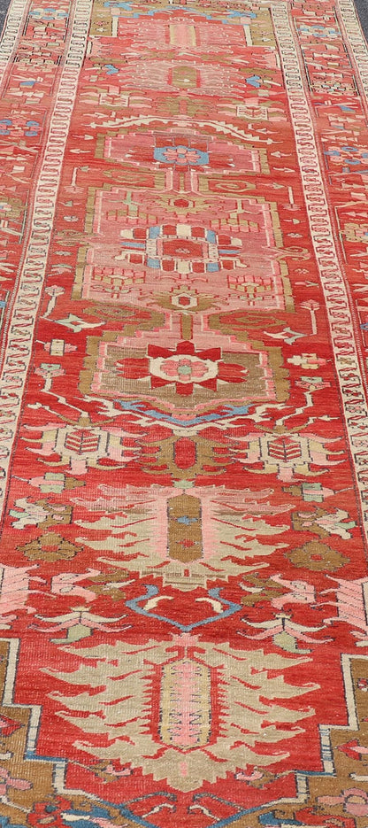 Antique Persian Long Persian Serapi Gallery Runner in Wool with Medallion Design. Keivan Woven Arts; rug EMB - 22214 - 15457, country of origin / type: Iran / Serapi, circa 1900. Measures: 4'9 x 16'9 This antique Persian Serapi rug was hand - knotted ... - Keivan Woven ArtsEMB - 22214 - 15457 - 21137
