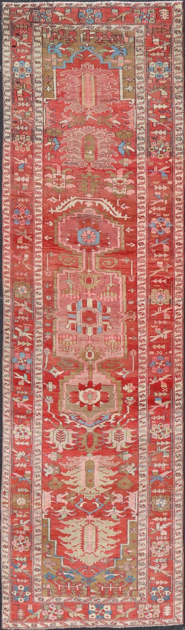 Antique Persian Long Persian Serapi Gallery Runner in Wool with Medallion Design. Keivan Woven Arts; rug EMB - 22214 - 15457, country of origin / type: Iran / Serapi, circa 1900. Measures: 4'9 x 16'9 This antique Persian Serapi rug was hand - knotted ... - Keivan Woven ArtsEMB - 22214 - 15457 - 21137