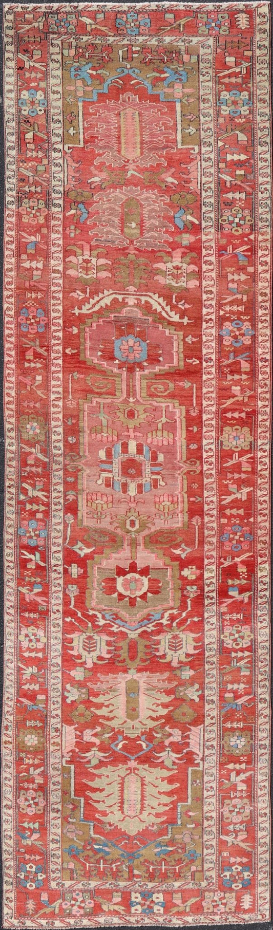 Antique Persian Long Persian Serapi Gallery Runner in Wool with Medallion Design. Keivan Woven Arts; rug EMB - 22214 - 15457, country of origin / type: Iran / Serapi, circa 1900. Measures: 4'9 x 16'9 This antique Persian Serapi rug was hand - knotted ... - Keivan Woven ArtsEMB - 22214 - 15457 - 21137
