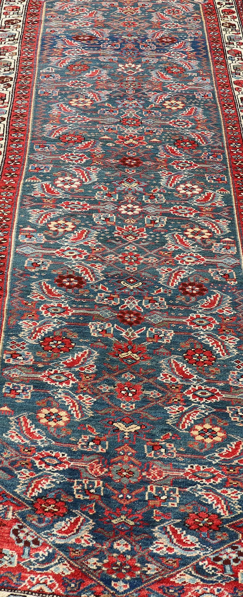 Antique Persian Bidjar Rug with Large Herati Motifs in Blue Background, Red, and Ivory. Keivan Woven Arts / rug /EMB - 22215 - 15083, country of origin / type: Iran / Bidjar, circa 1890 Measures: 3'11 x 12' This antique Persian Bidjar wide r... - Keivan Woven ArtsEMB - 22215 - 15083 - 20271