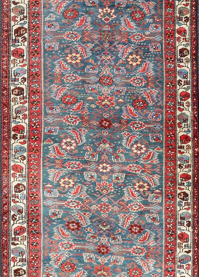 Antique Persian Bidjar Rug with Large Herati Motifs in Blue Background, Red, and Ivory. Keivan Woven Arts / rug /EMB - 22215 - 15083, country of origin / type: Iran / Bidjar, circa 1890 Measures: 3'11 x 12' This antique Persian Bidjar wide r... - Keivan Woven ArtsEMB - 22215 - 15083 - 20271